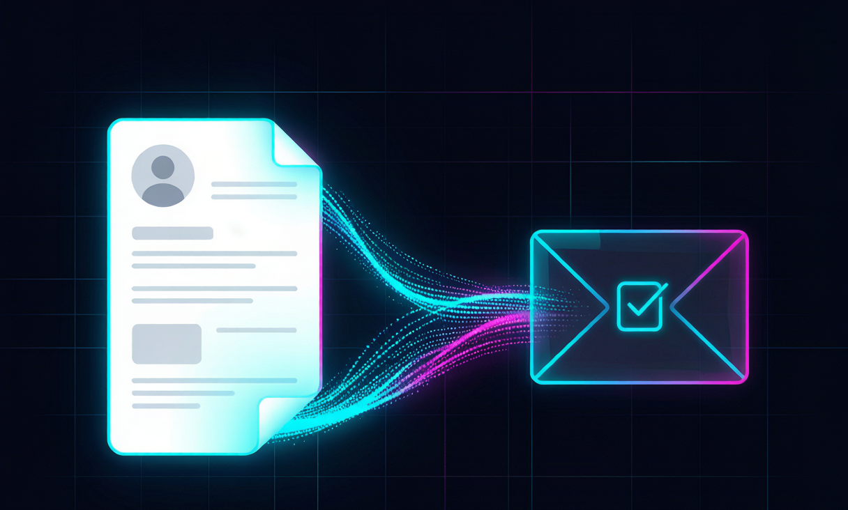 Cyberpunk illustration of a resume transforming into a glowing path leading to a neon job-offer envelope