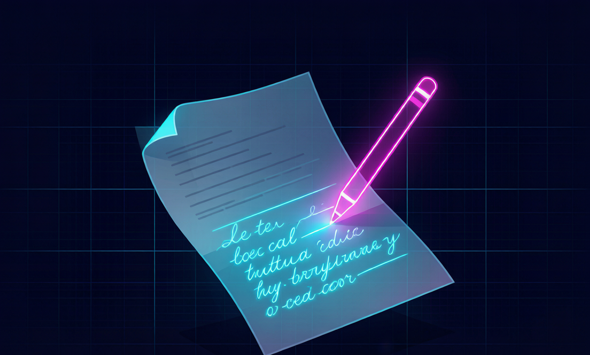 Cyberpunk illustration of a student rewriting an essay with a glowing neon AI pen