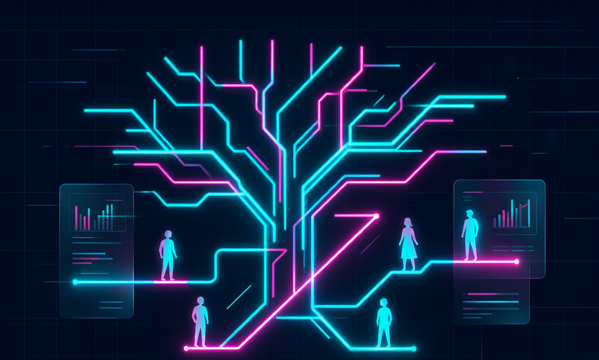 Cyberpunk illustration of a glowing story tree branching into neon plot lines