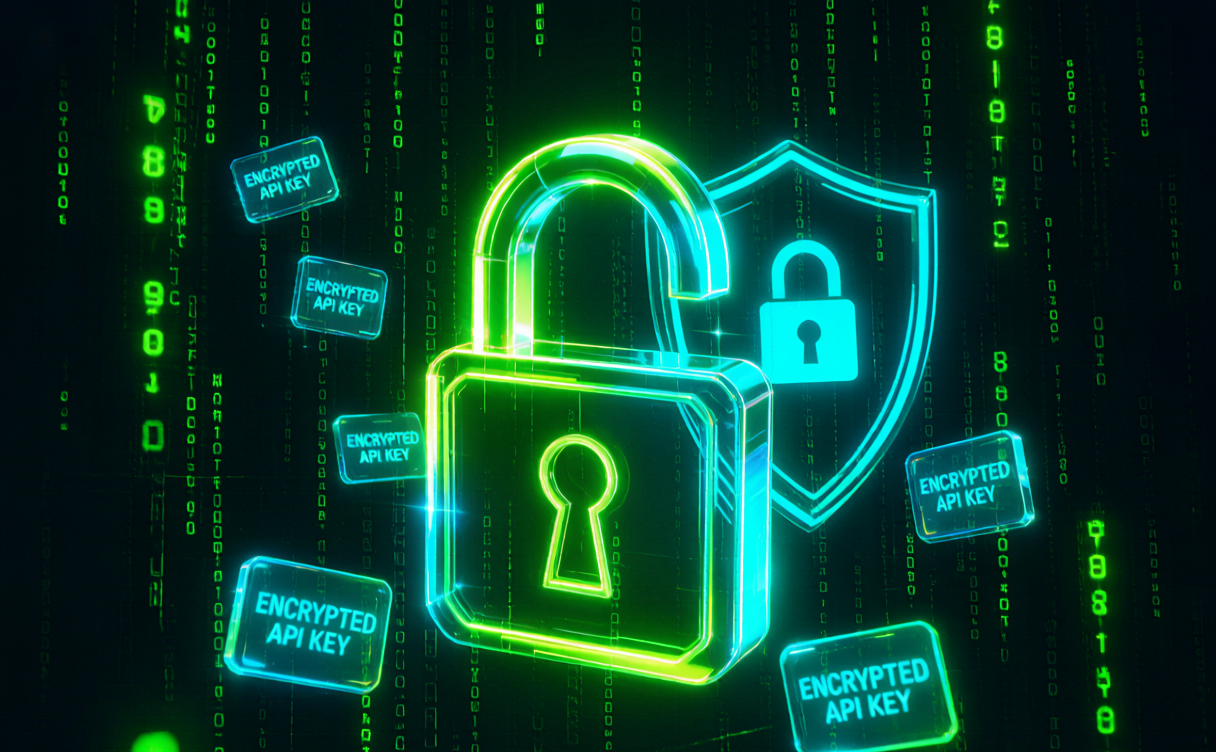 Cyberpunk security scene with a glowing padlock and floating encrypted API key tokens