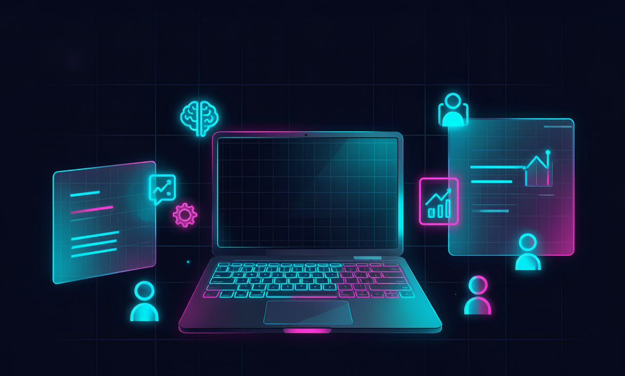 Cyberpunk illustration of a blogger surrounded by free AI tool icons