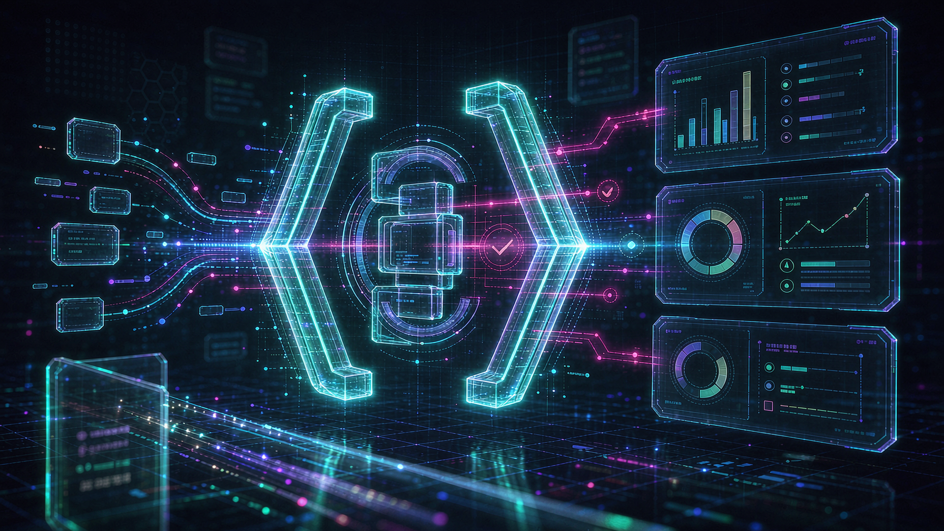 Cyberpunk illustration of a free JSON formatter, neon, dark background