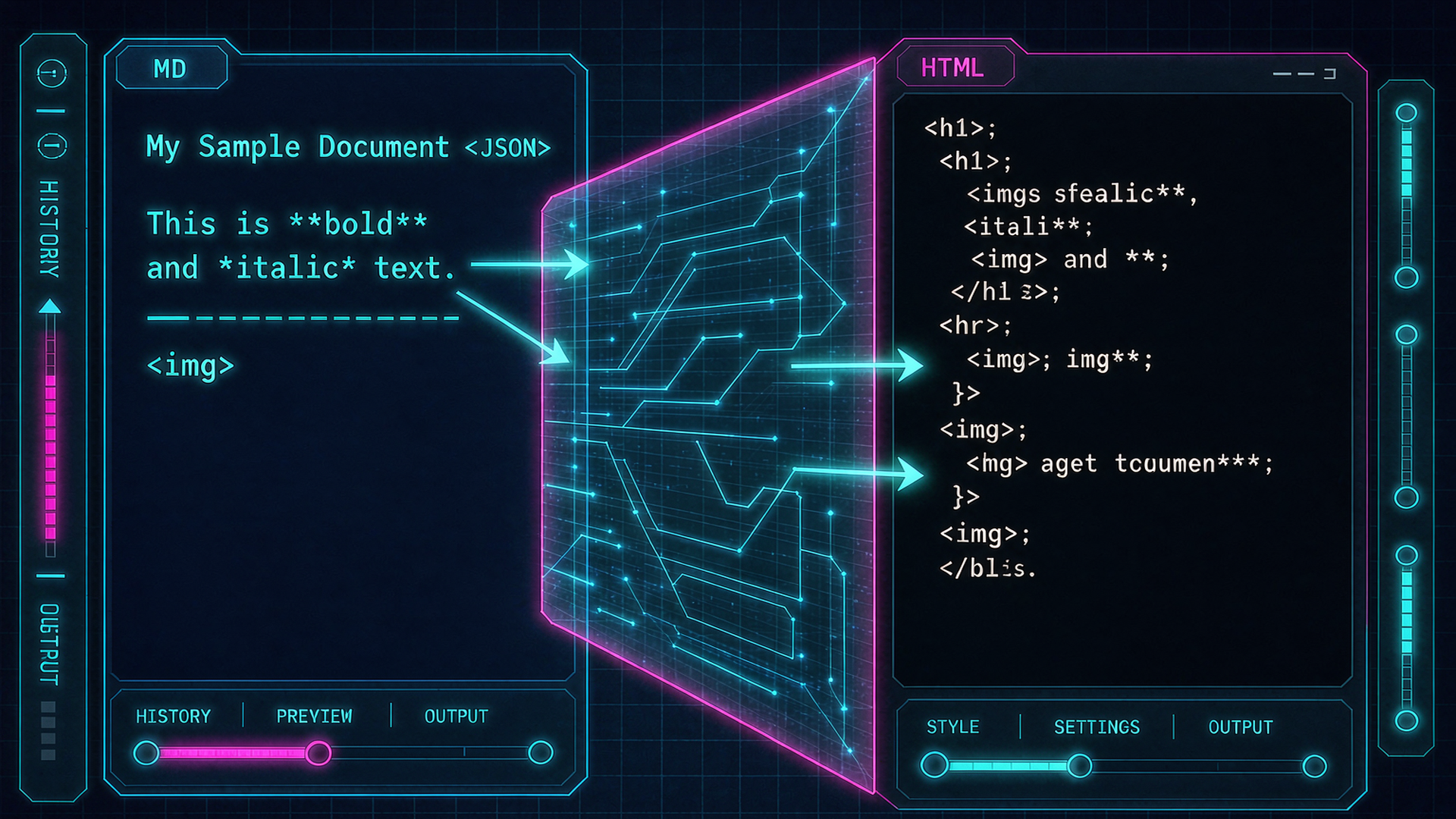 Cyberpunk illustration of a free Markdown to HTML converter, neon, dark background
