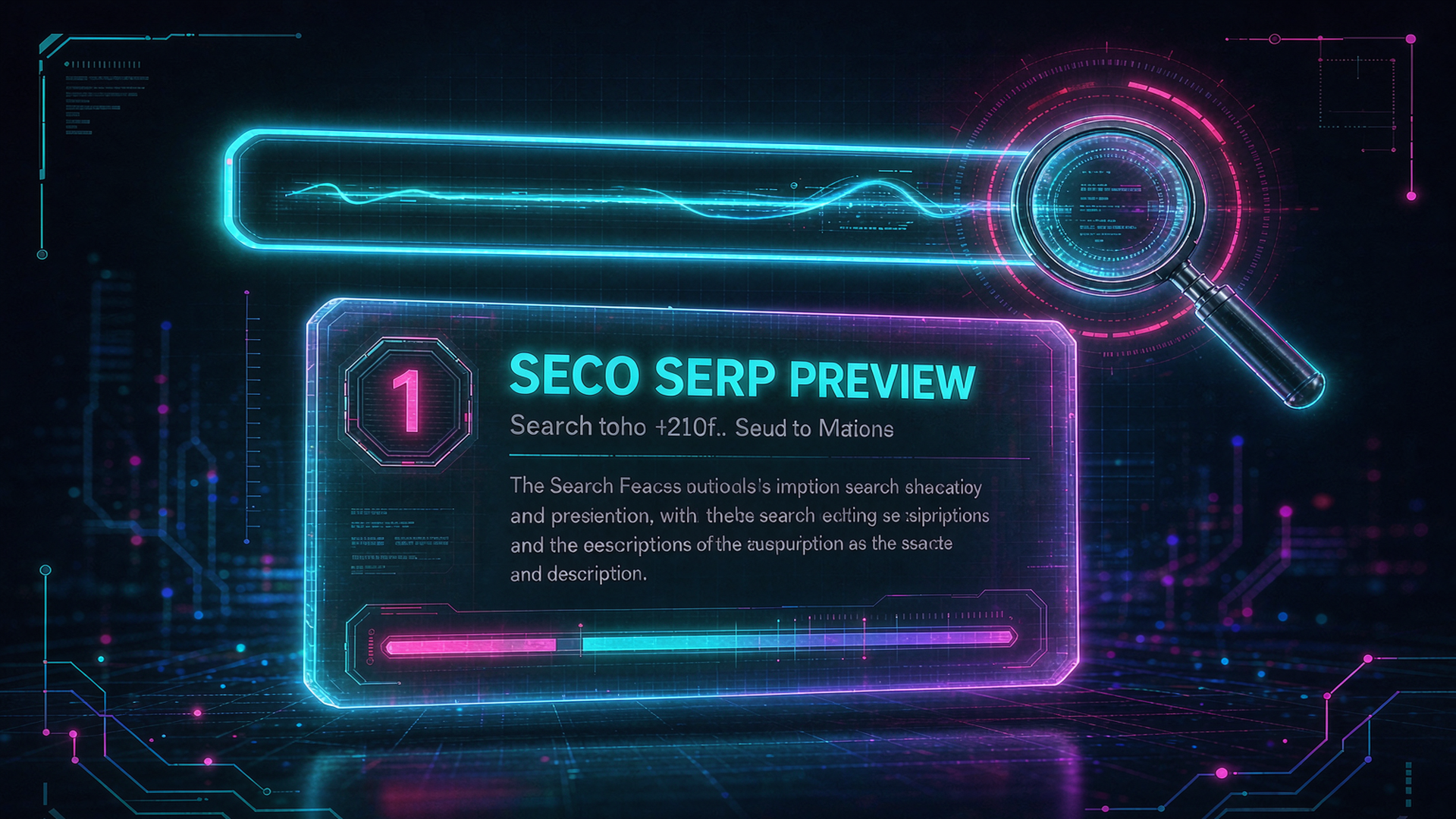 Cyberpunk illustration of a free SERP preview tool, neon, dark background