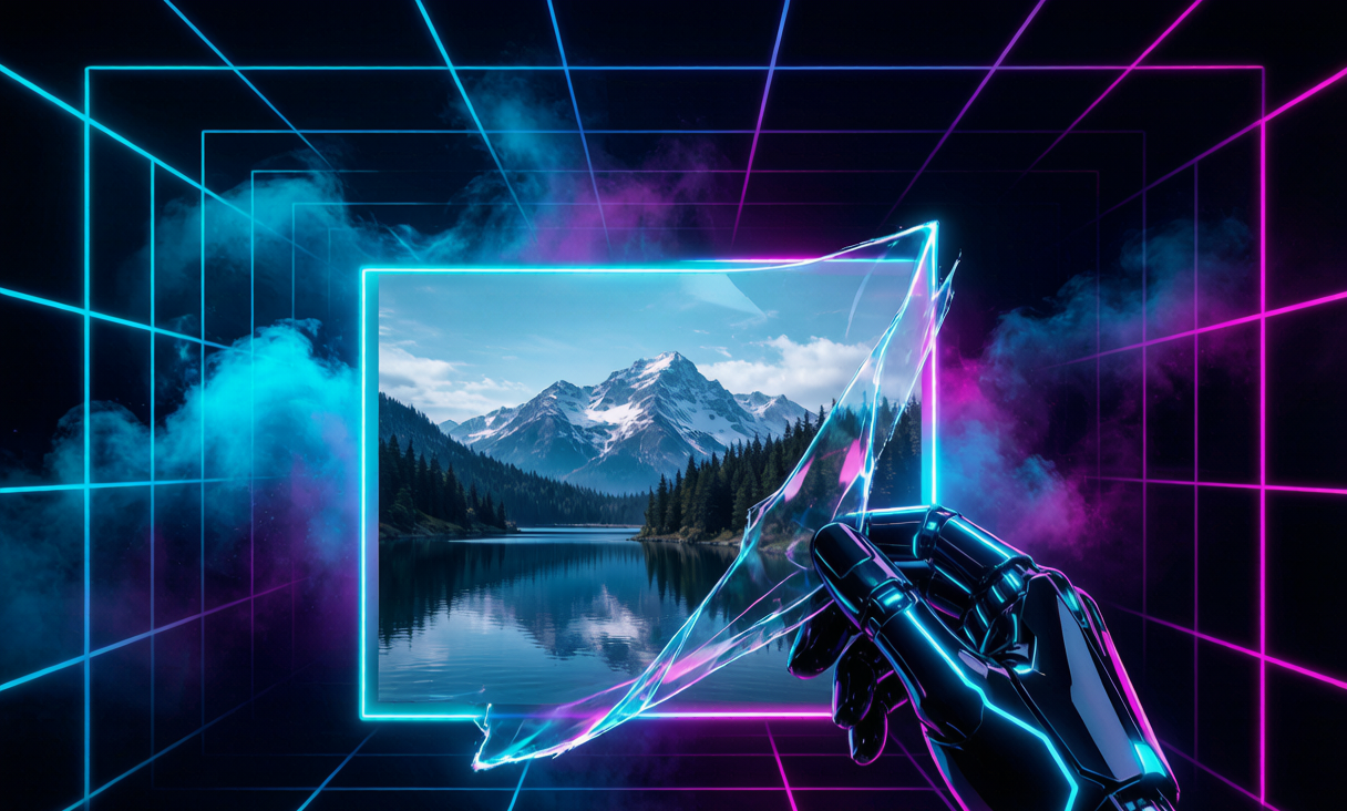 Cyberpunk illustration of a photo being separated from its background by a glowing hand peeling a transparent layer