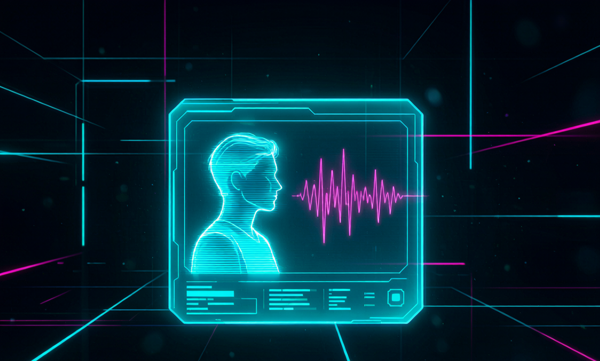 Cyberpunk illustration of a glowing holographic identity profile card floating in neon light