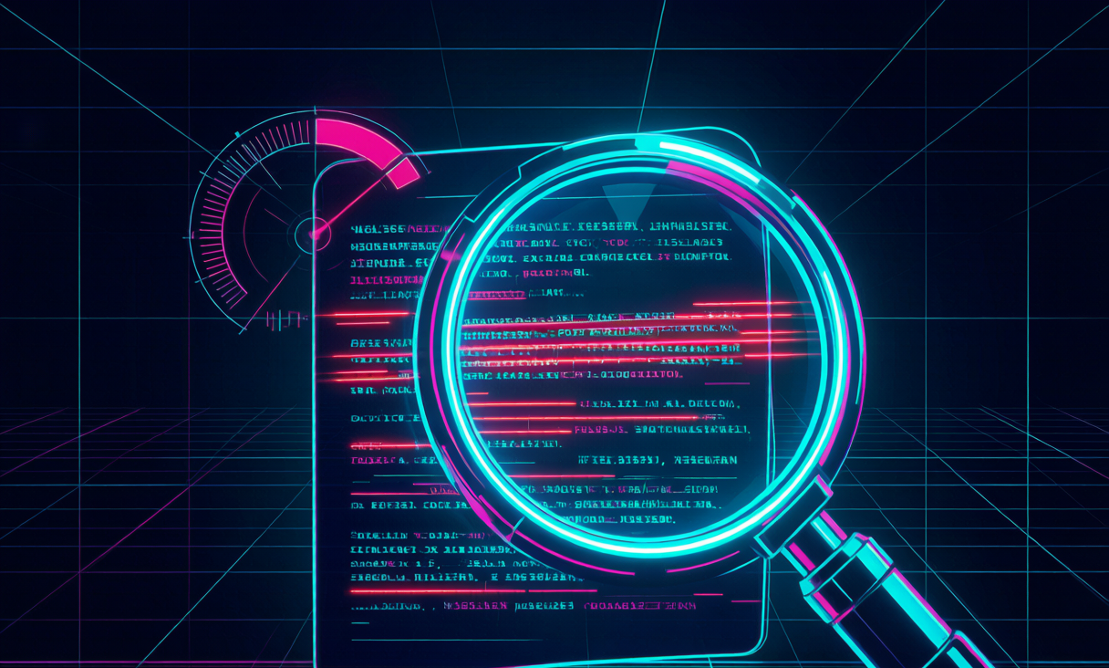 Cyberpunk illustration of a magnifying glass scanning a digital document for AI-written text