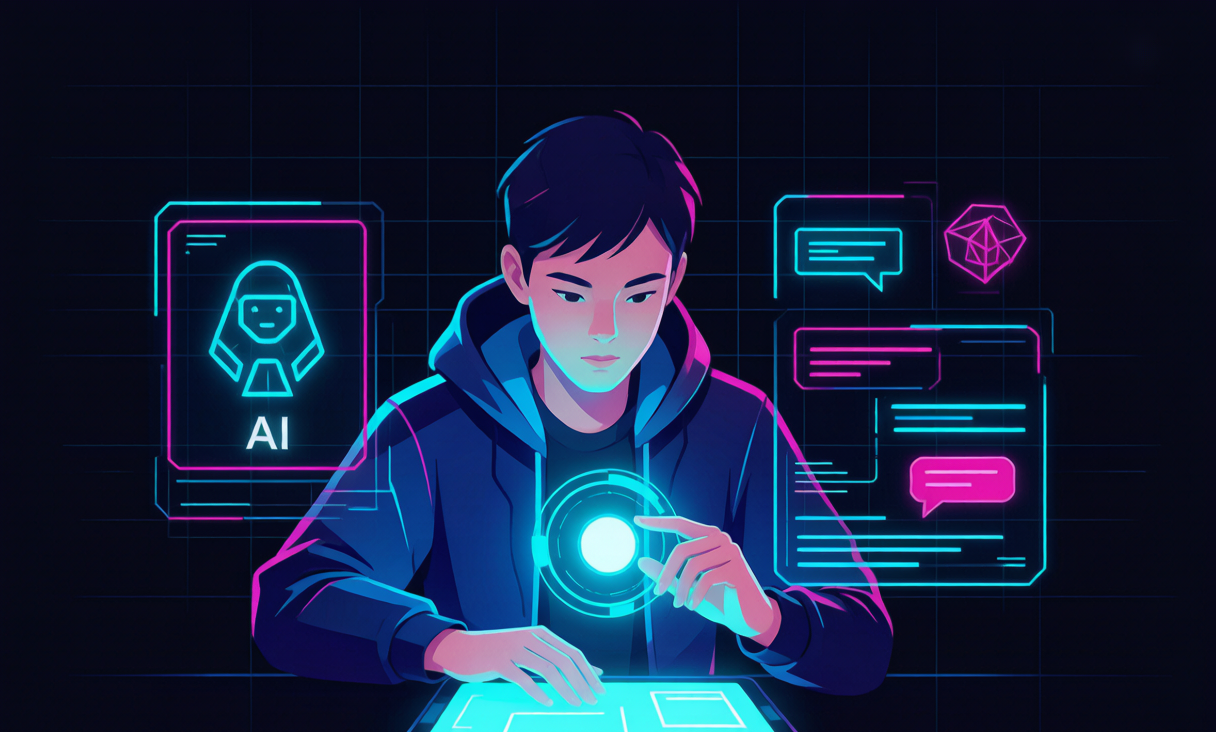 Cyberpunk illustration of a student using free AI study tools