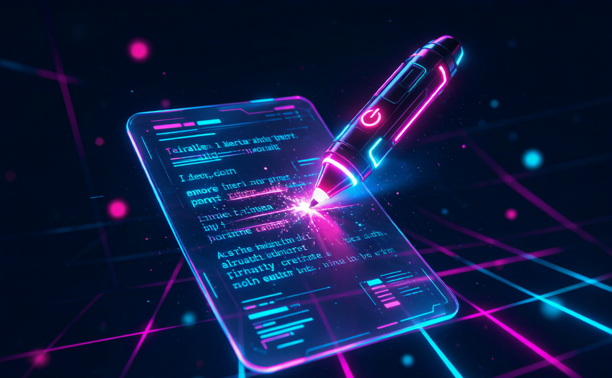 Cyberpunk illustration of a free grammar checker, neon, dark background