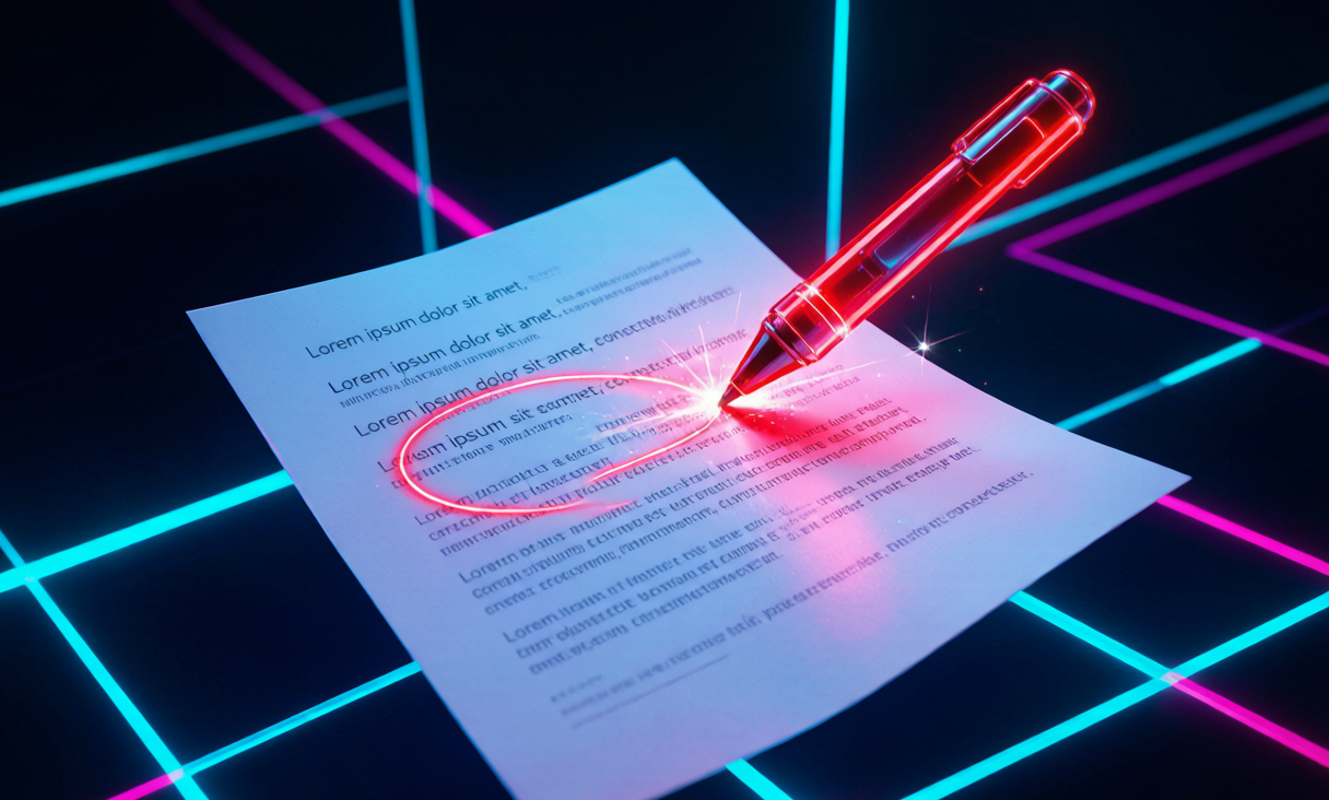 Cyberpunk illustration of a red neon pen correcting text errors on a floating document