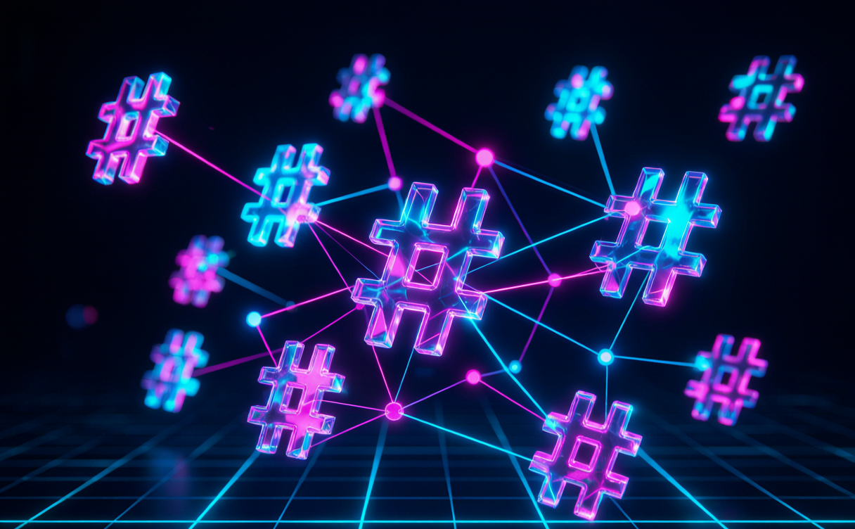 Cyberpunk social graph with floating hashtag symbols connecting network nodes