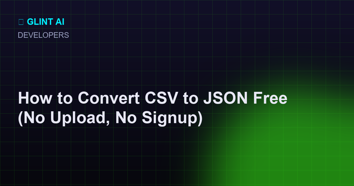 Free CSV to JSON converter showing a spreadsheet table turning into a JSON array