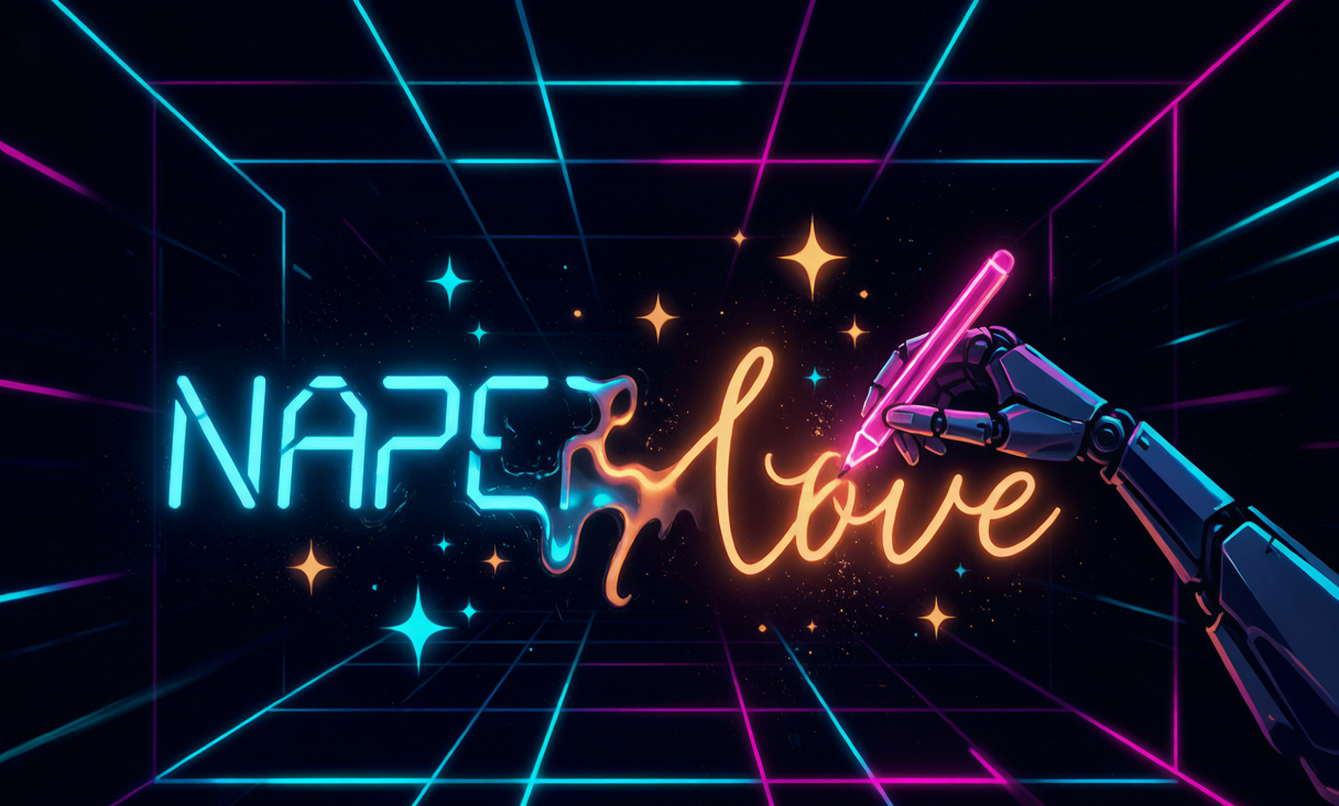 Cyberpunk illustration of robotic text being rewritten into warm human handwriting with a neon pen