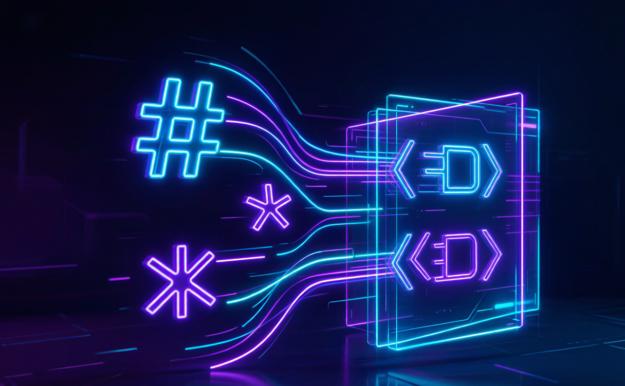 Cyberpunk scene of Markdown symbols transforming into HTML tags on a holographic screen