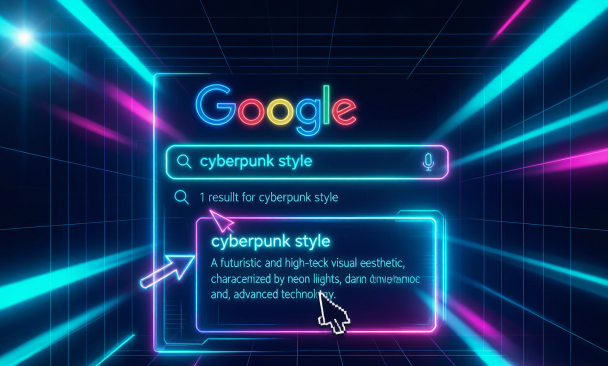 Cyberpunk illustration of a glowing Google search snippet with a magnetic cursor pulling toward the meta description