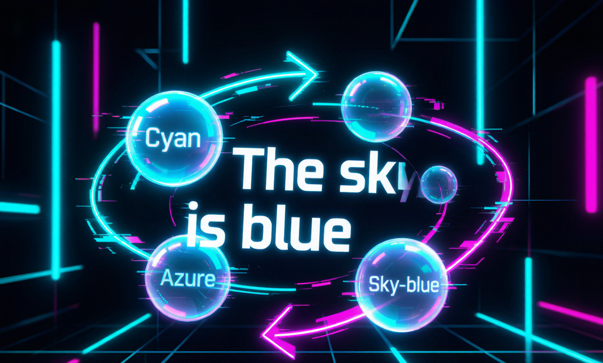 Cyberpunk illustration of a sentence reshaping itself into glowing synonym bubbles