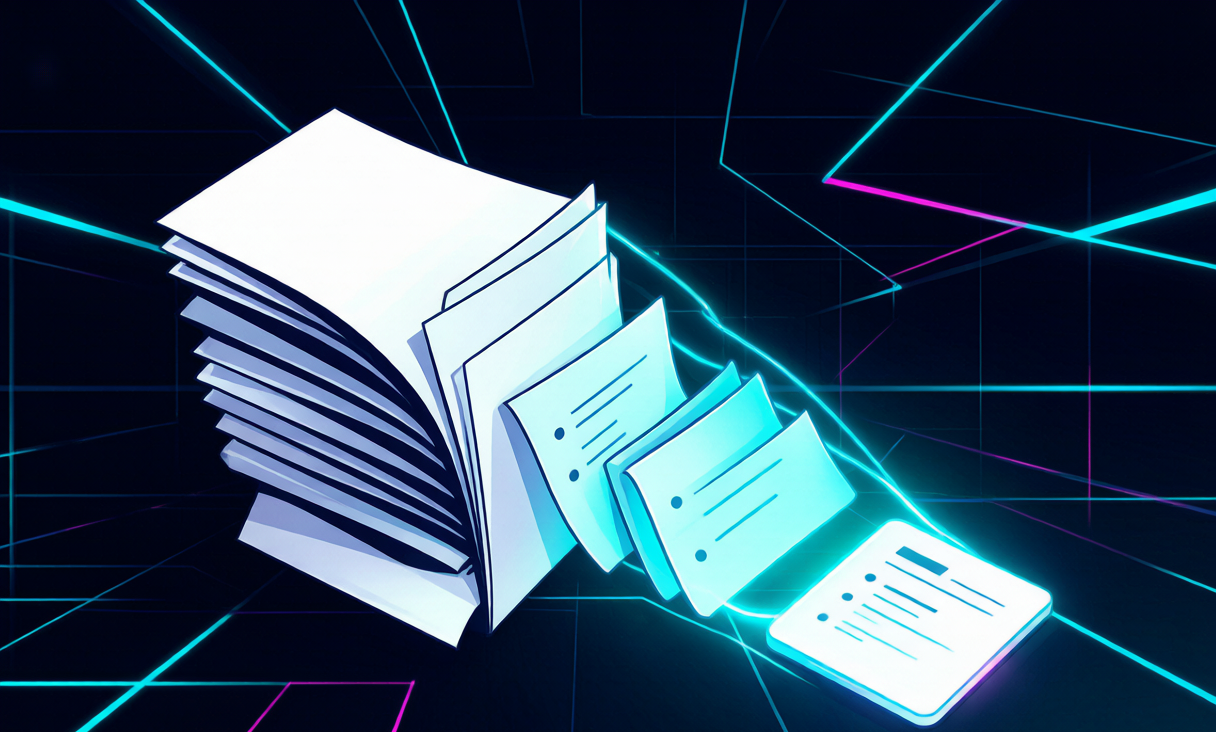 Cyberpunk illustration of a thick PDF document condensing into a small glowing summary card