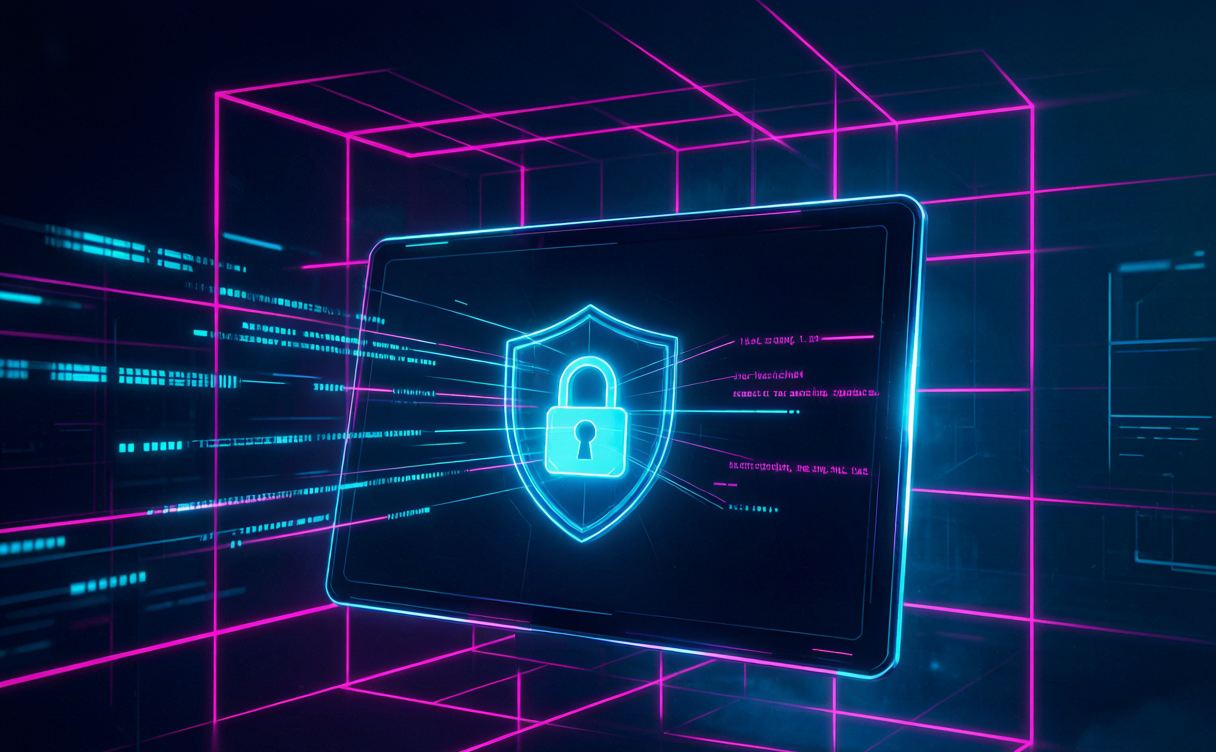 Cyberpunk illustration of a private ai detector, neon, dark background