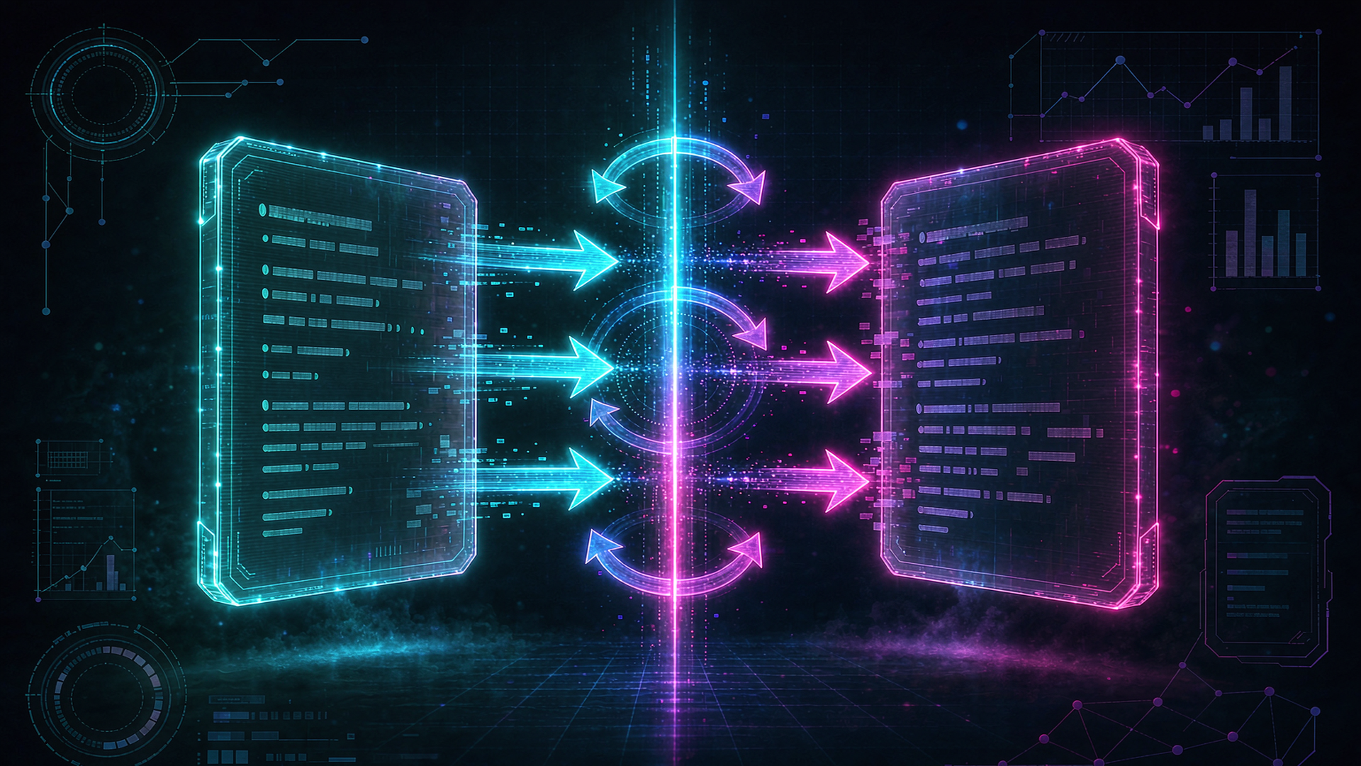 Cyberpunk illustration of free QuillBot alternatives, neon, dark background