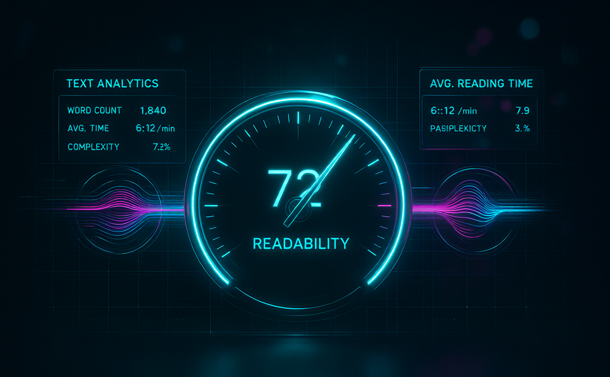 Cyberpunk dashboard showing a readability score gauge and text analytics