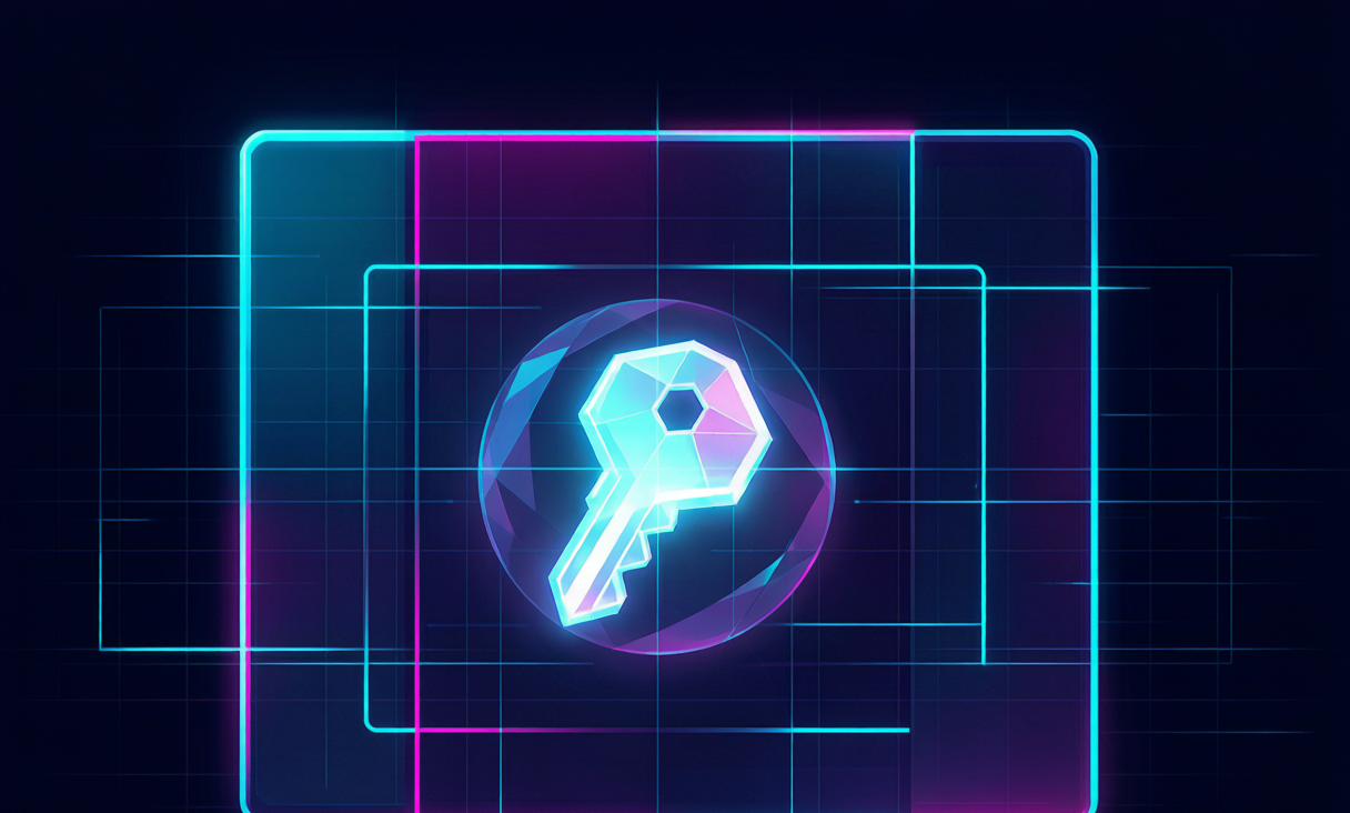 Cyberpunk illustration of a glowing key shard locked inside a neon vault