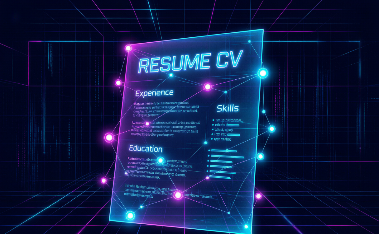 Cyberpunk illustration of writing a resume with ai, neon, dark background